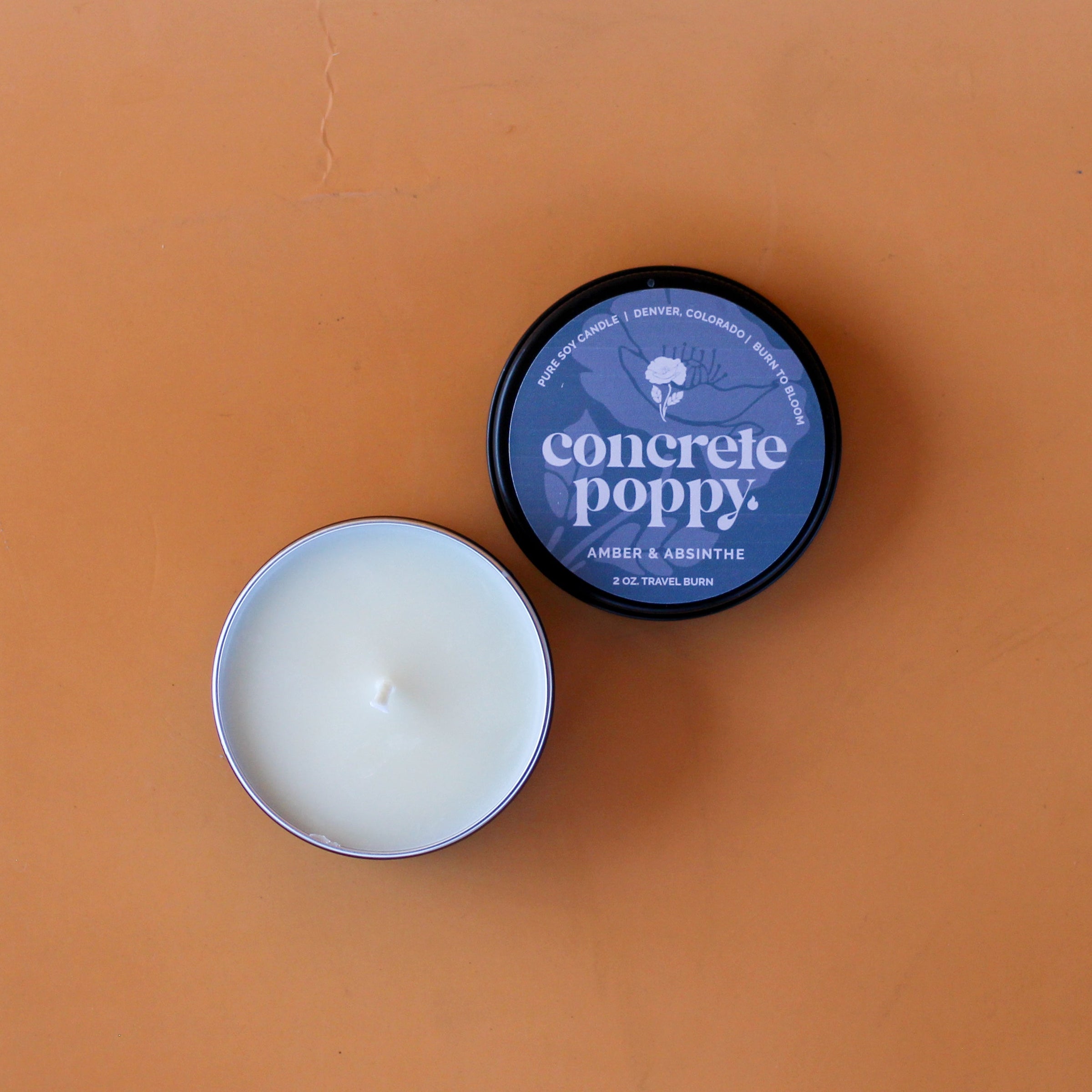 Concrete Poppy Design Amber & Absinthe scent collection — non-toxic soy candles and home fragrance in reusable ceramic vessels, handmade in Denver