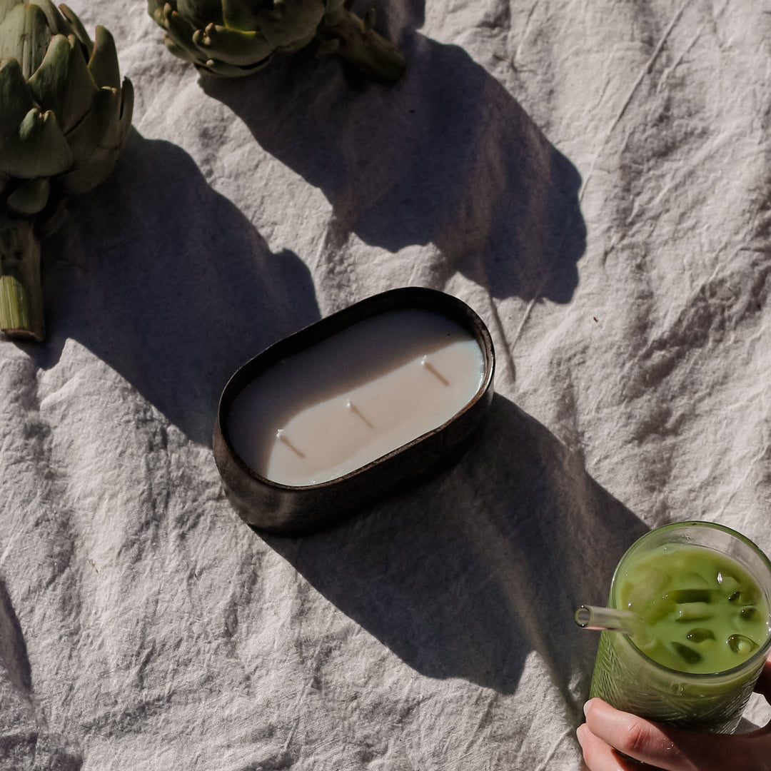 Phthalate-free ceramic candle in rustic green oval vessel, handcrafted everyday home fragrance

