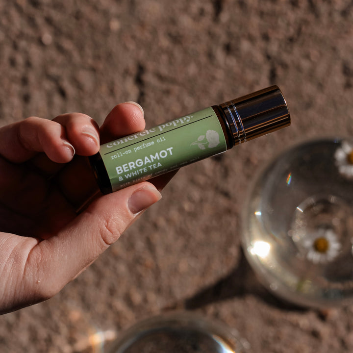 Concrete Poppy Design bergamot white tea natural perfume oil, eco-friendly clean fragrance with peony notes