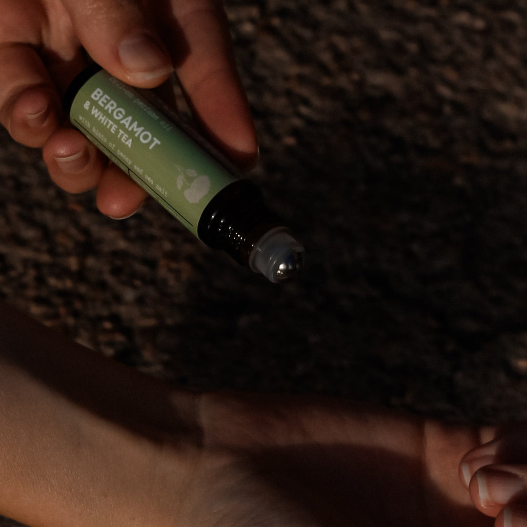 Phthalate-free bergamot white tea roll-on perfume oil, clean handcrafted fragrance handmade in Denver by Concrete Poppy Design