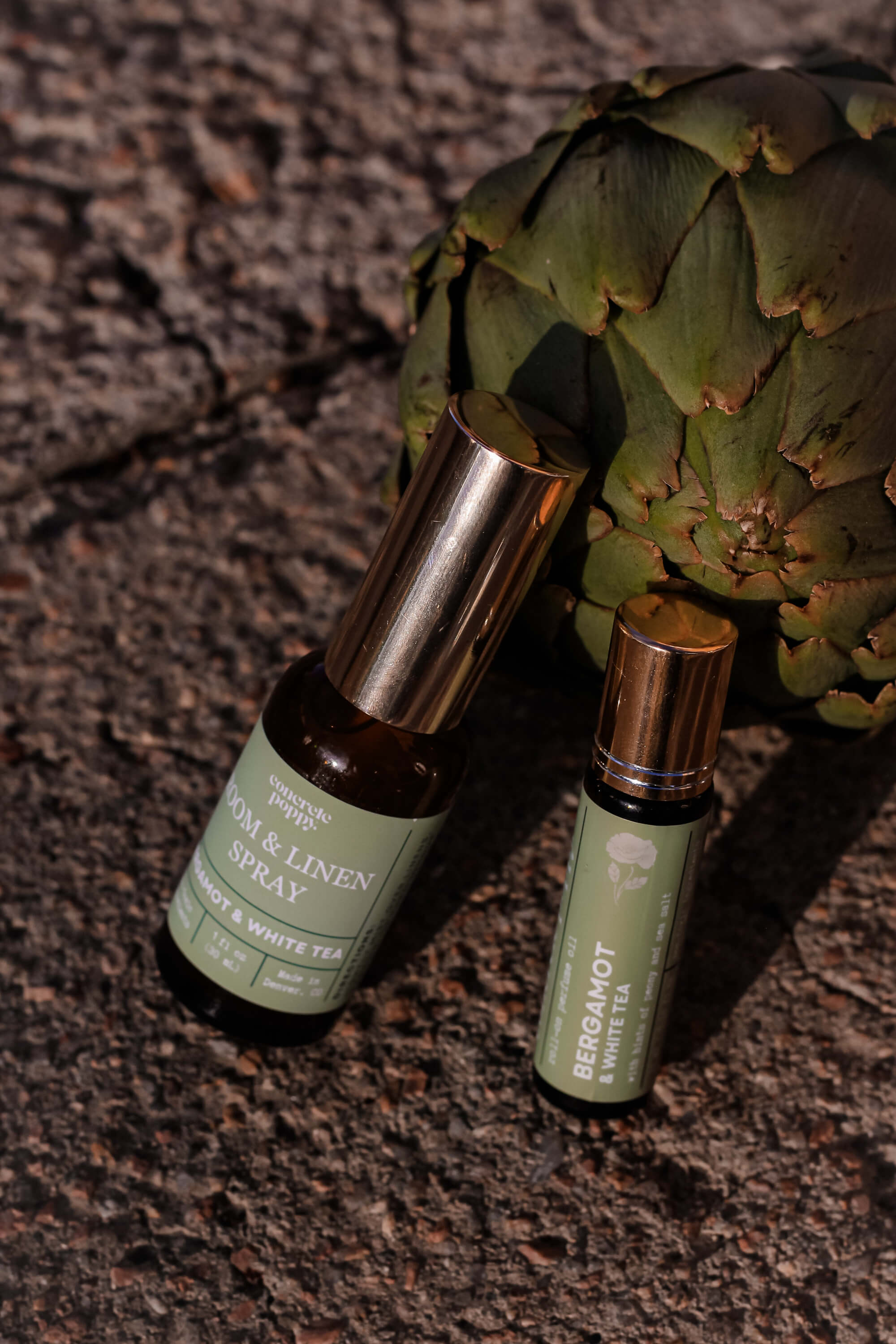Bergamot and white tea room spray and roll-on perfume with peony and sea salt notes