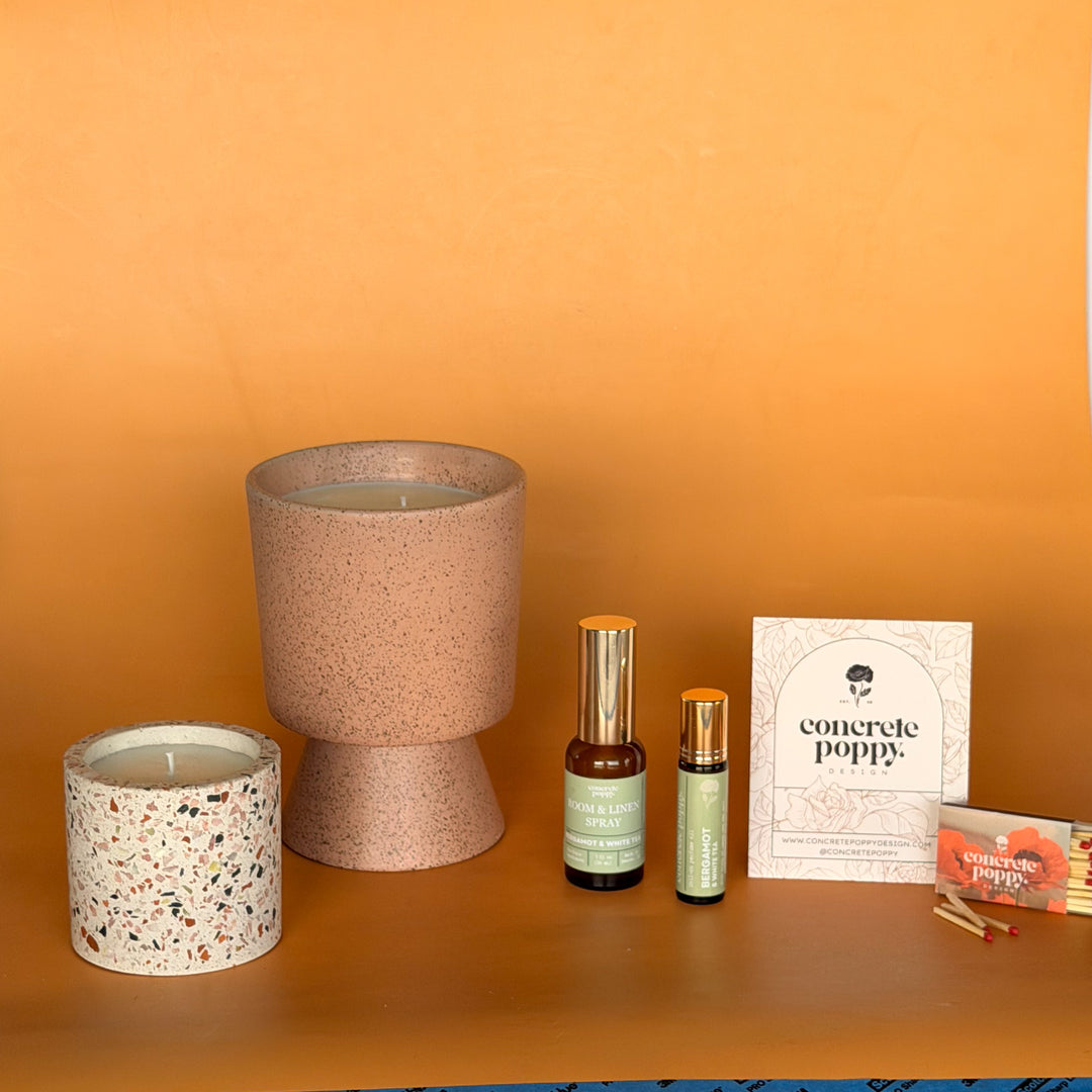 Luxury non-toxic candle gift set with two soy candles in reusable dusty rose ceramic and terrazzo vessels, phthalate-free perfume oil handmade in Denver