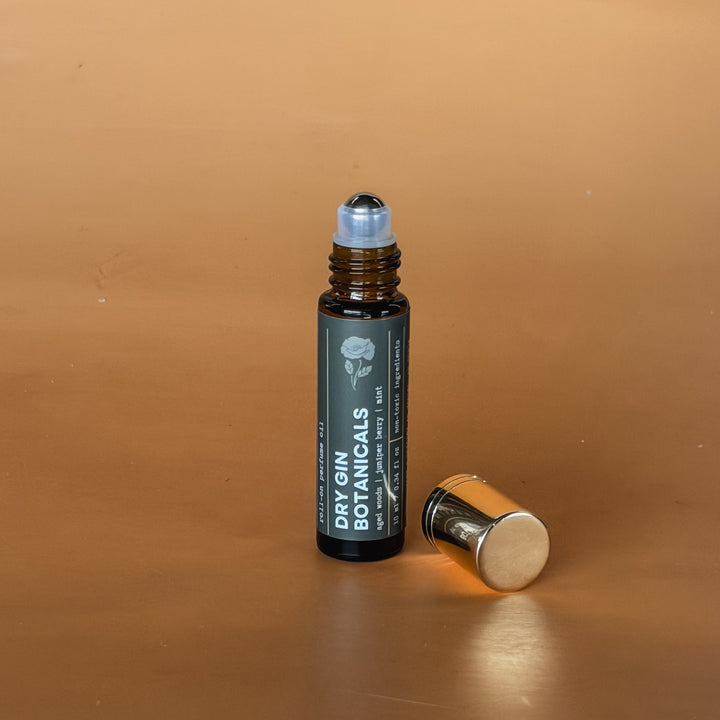 Dry gin botanical roll-on perfume oil by Concrete Poppy Design, handcrafted clean fragrance with juniper and mint