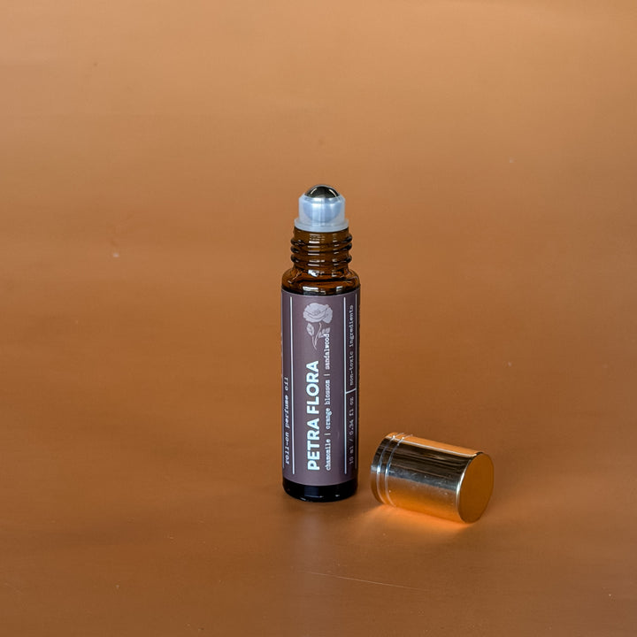 Petra Flora roll-on perfume oil by Concrete Poppy Design, handcrafted clean floral fragrance with orange blossom