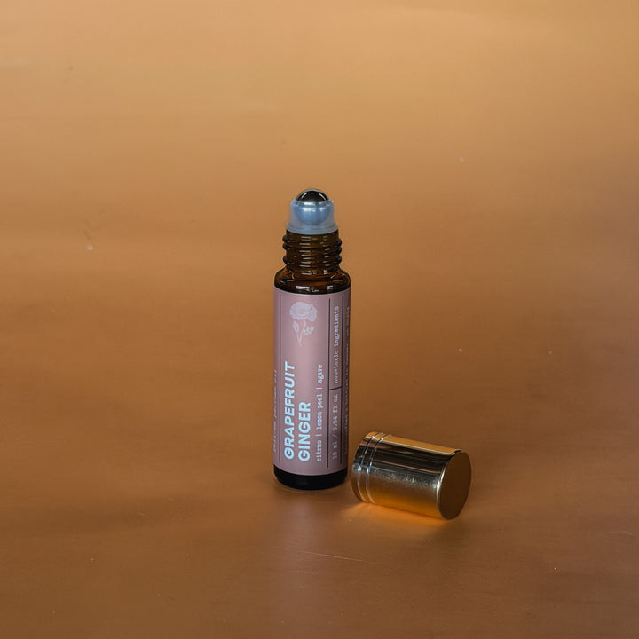 Grapefruit ginger roll-on perfume oil by Concrete Poppy Design, handcrafted clean fragrance with citrus and spice