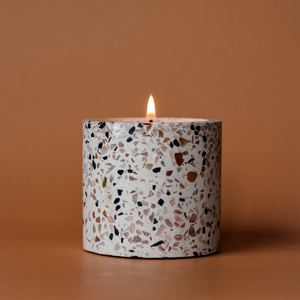 Mini handcrafted non-toxic soy candle in white terrazzo concrete vessel, travel candle, clean-burning
