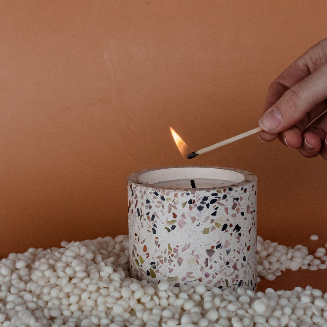 Mother's Day candle bundle by Concrete Poppy Design with Hali, Scarlet and Nico non-toxic soy candles in dusty rose ceramic, amber glass and terrazzo vessels