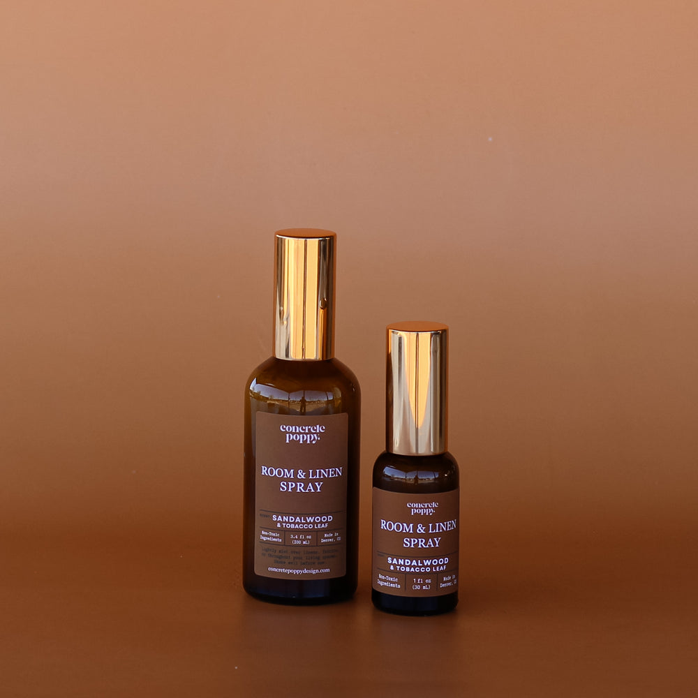 Eco-friendly room and linen spray with clean ingredients in amber glass bottle for everyday use