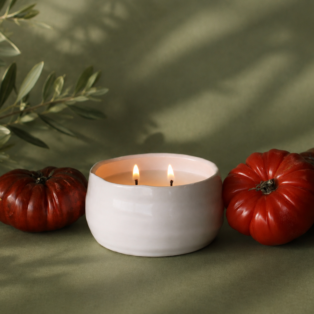White ceramic candle holder with a lit candle, surrounded by red tomatoes and green leaves on a green background.