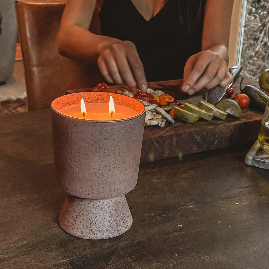 Speckled dusty rose ceramic triple-wick soy candle with wildflower seeds, handcrafted by Concrete Poppy Design in Denver